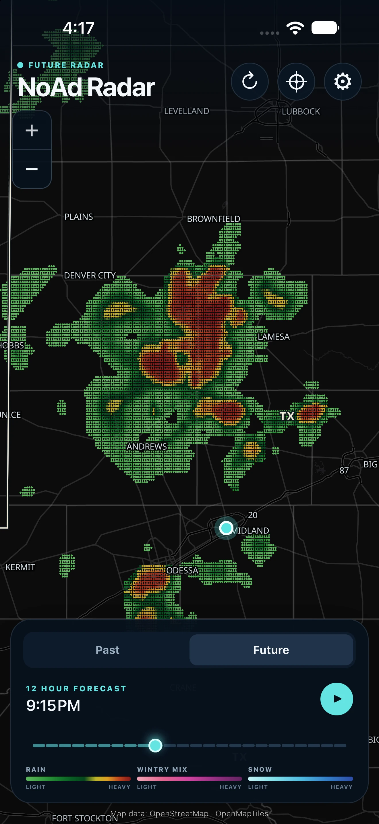 NoAd Radar showing a 9:15 PM future precipitation estimate with the Future timeline selected.
