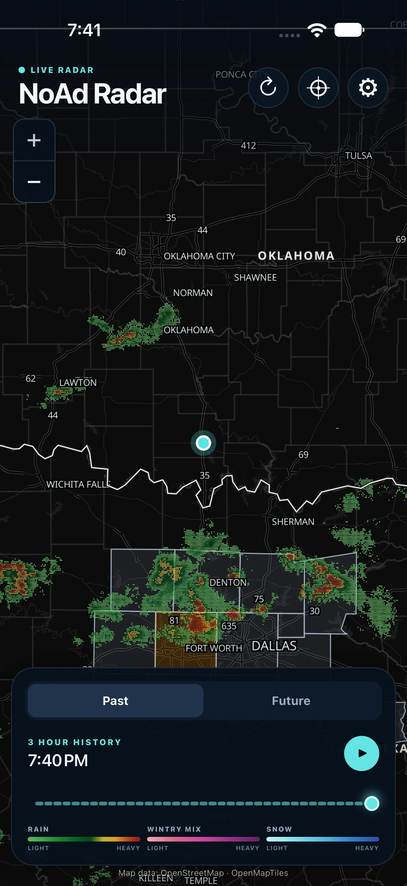 NoAd Radar showing live precipitation near Dallas and Oklahoma with the history timeline below.