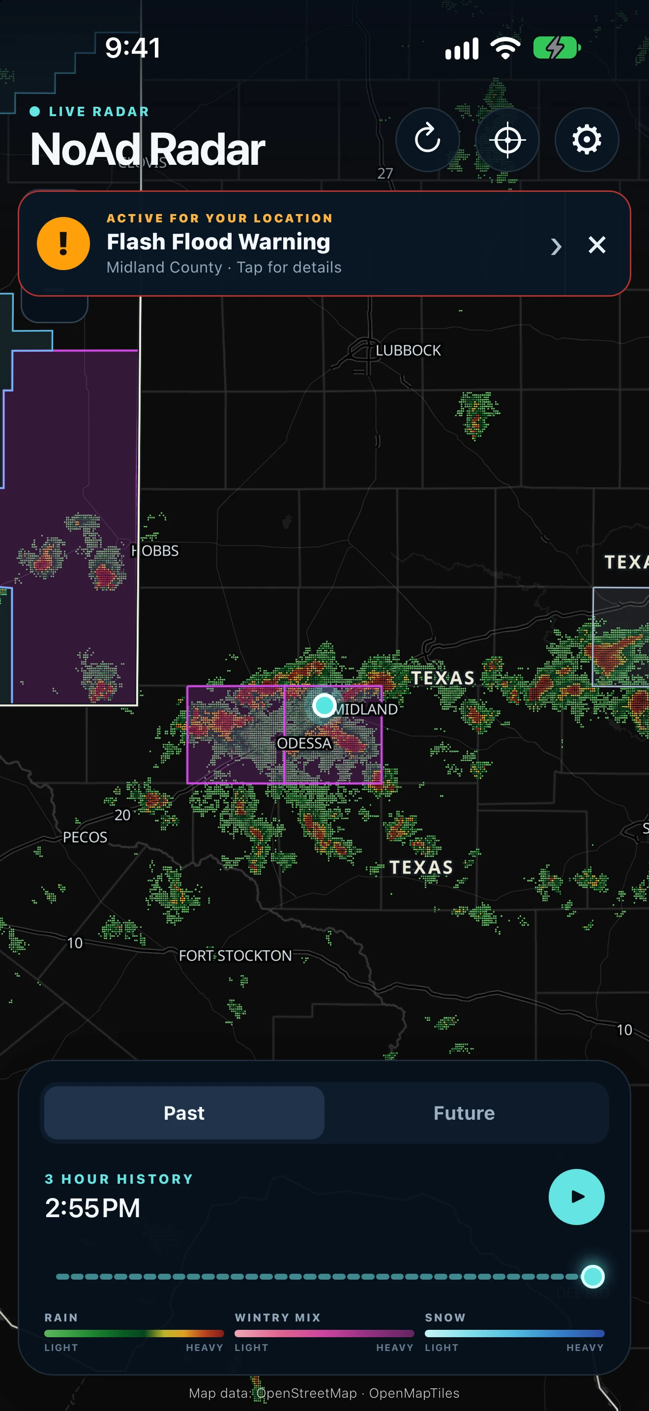 NoAd Radar showing a National Weather Service Flash Flood Warning over the live radar map.