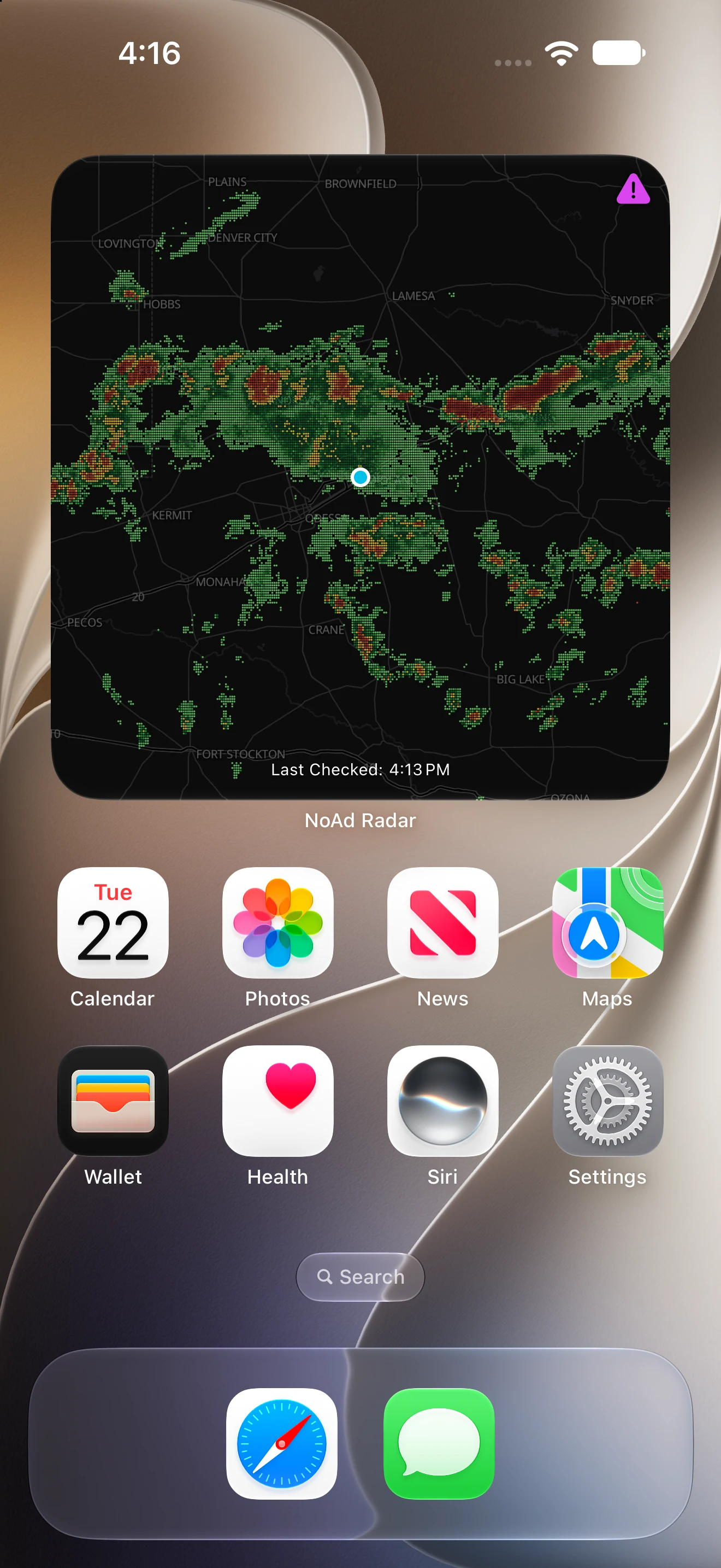 Large NoAd Radar widget showing nearby radar on a clean iPhone Home Screen.